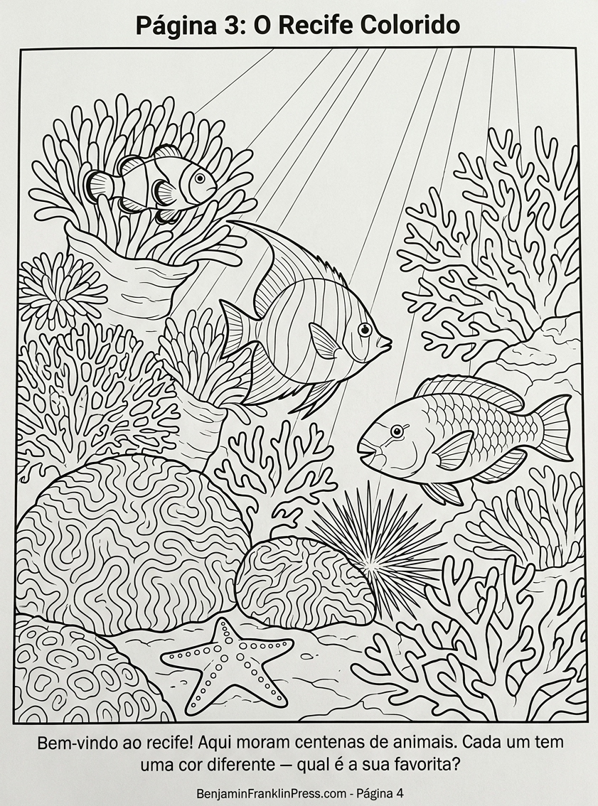 Página para colorir com recife de coral e peixes tropicais brasileiros, incluindo peixe-palhaço, peixe-anjo e peixe-papagaio, desenho infantil em preto e branco