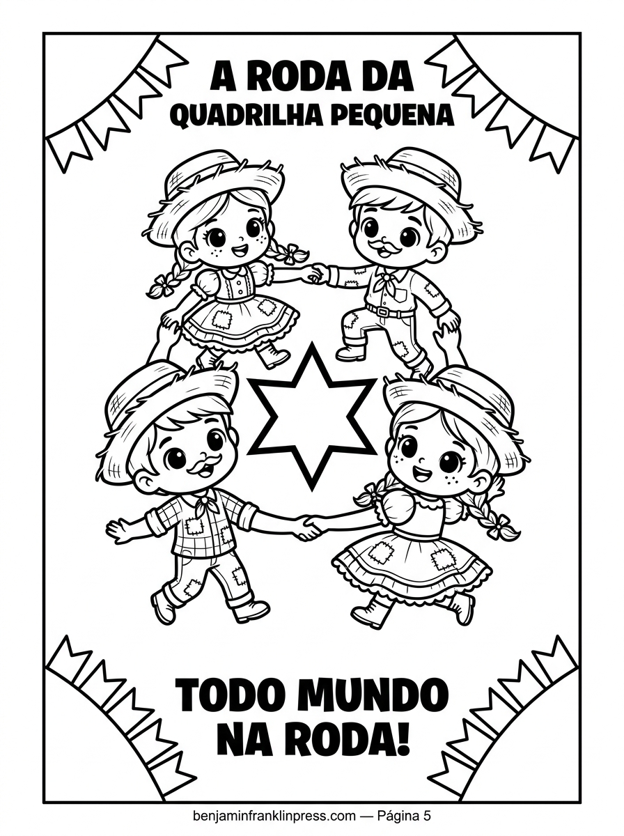 Desenho de quatro crianças em roda de mãos dadas dançando quadrilha junina para colorir fácil, com bandeirinhas nos cantos e estrela decorativa no centro, para imprimir grátis