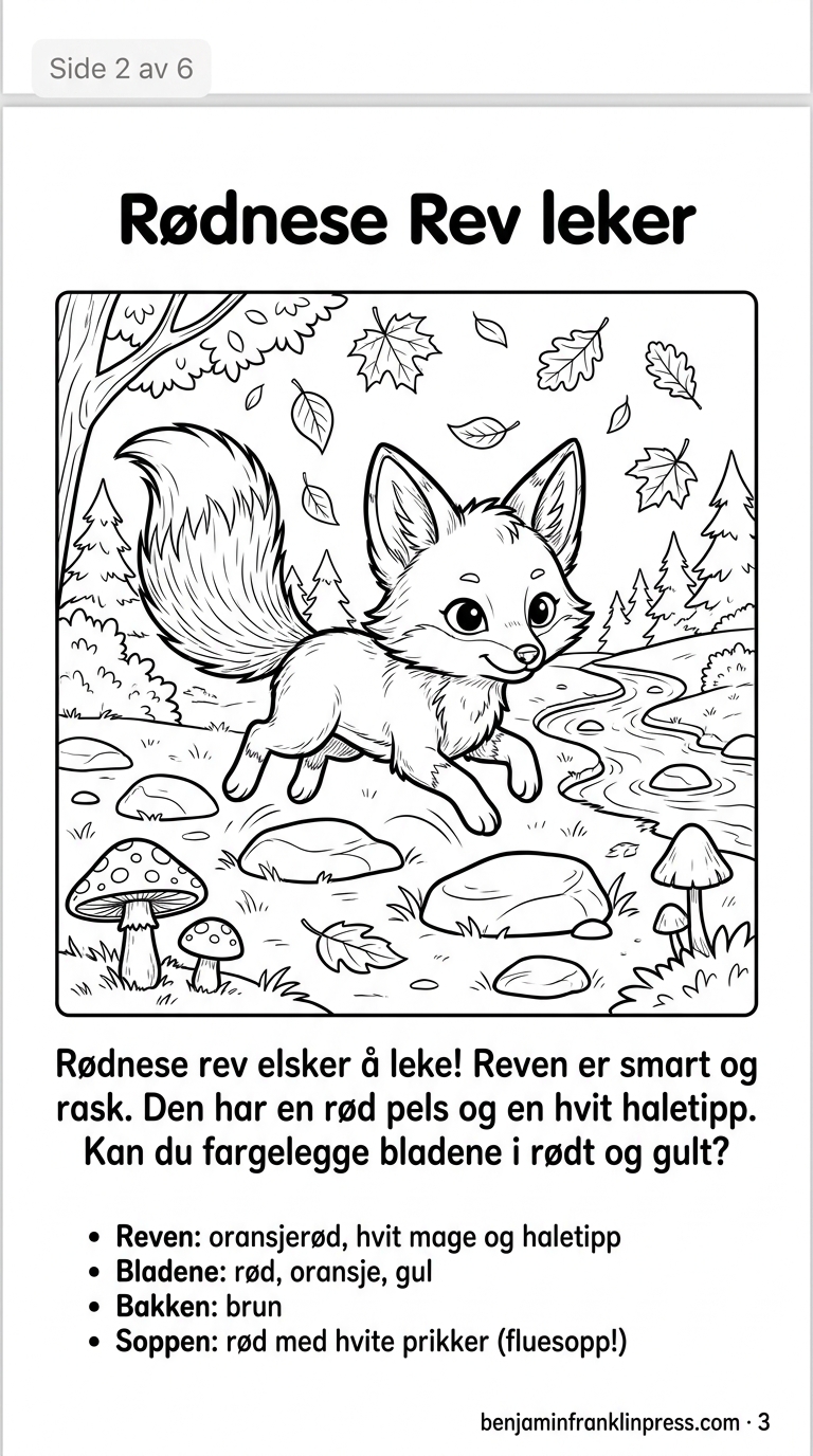 Konturтegning av en liten norsk rev med stor, busket hale som hopper lekent mellom steiner i høstskogen. Falne løvtrærblader virvler rundt ham, og fluesopp vokser på skogbunnen. En liten bekk renner i bakgrunnen. Reven ser direkte mot betrakteren med store, nysgjerrige øyne og spisse ører. Bildet er i svart-hvitt og laget for fargelegging for barn.