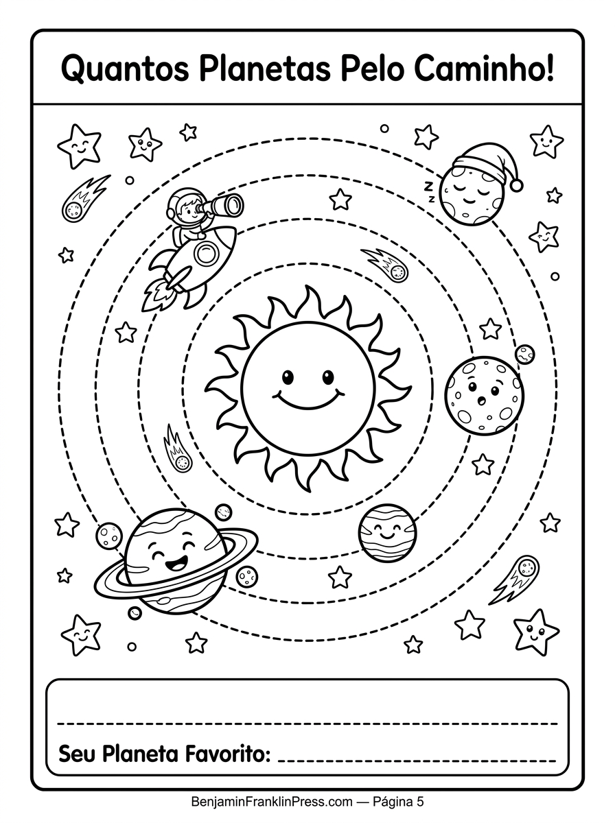 Desenho do sistema solar para colorir com Sol sorridente, quatro planetas com expressões diferentes e foguete navegando entre as órbitas — ilustração educativa em preto e branco para crianças de 4 a 8 anos.