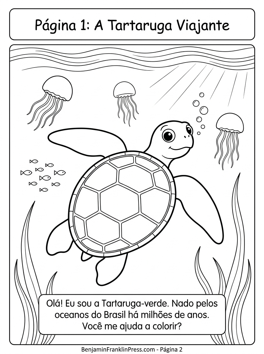 Página para colorir com tartaruga-verde nadando no oceano, cercada por águas-vivas e peixinhos, traços em preto e branco para crianças