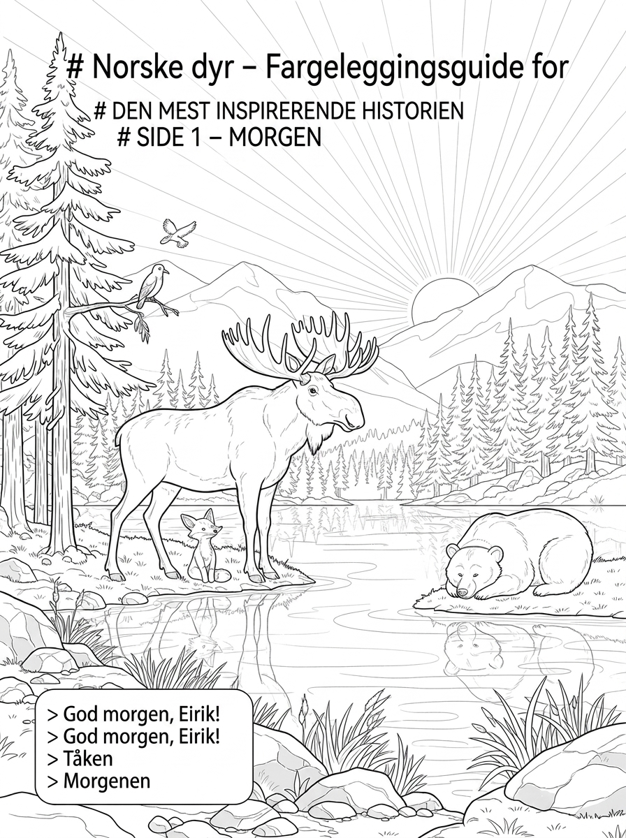 Konтурtegning av en norsk ulv i full løpefart over en åpen, snødekket slette. Snø spruter opp fra poterne hans, og halen strekker seg rett bakover. Den detaljerte pelsen er tegnet med korte, tette streker. I bakgrunnen reiser et snødekket fjell seg over en rekke grantrær. Solen henger lavt på himmelen og kaster lange skygger over snøen. Bildet er i svart-hvitt og laget for fargelegging for barn.
