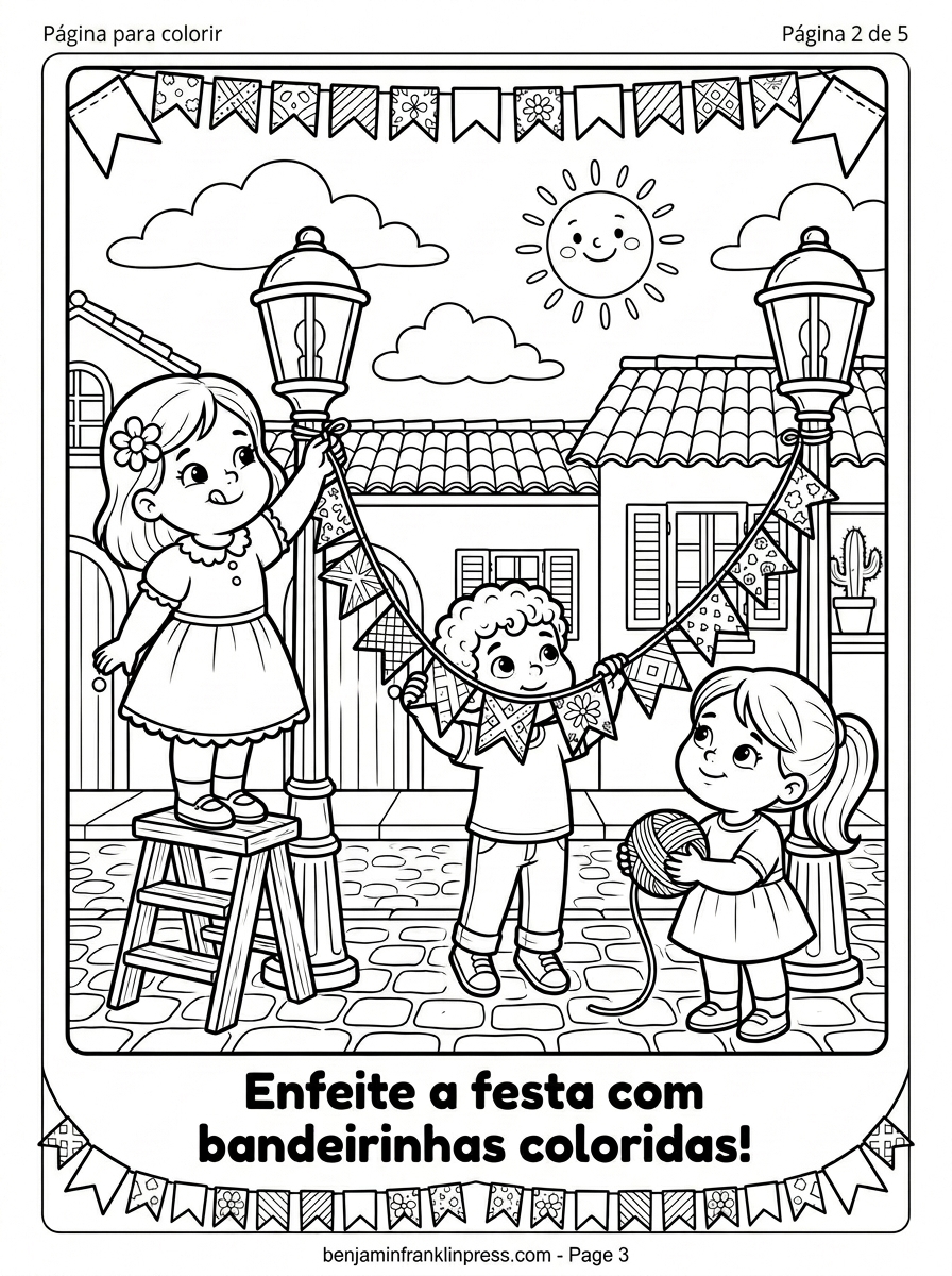 Três crianças pendurando varal de bandeirinhas triangulares em rua de paralelepípedos — página para colorir infantil