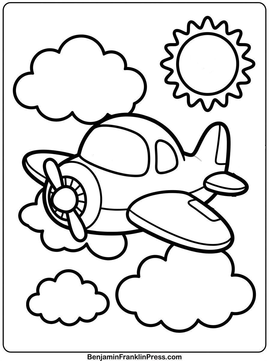 Desenho de avião para colorir com nuvens fofas e sol sorridente, estilo chibi para crianças pequenas