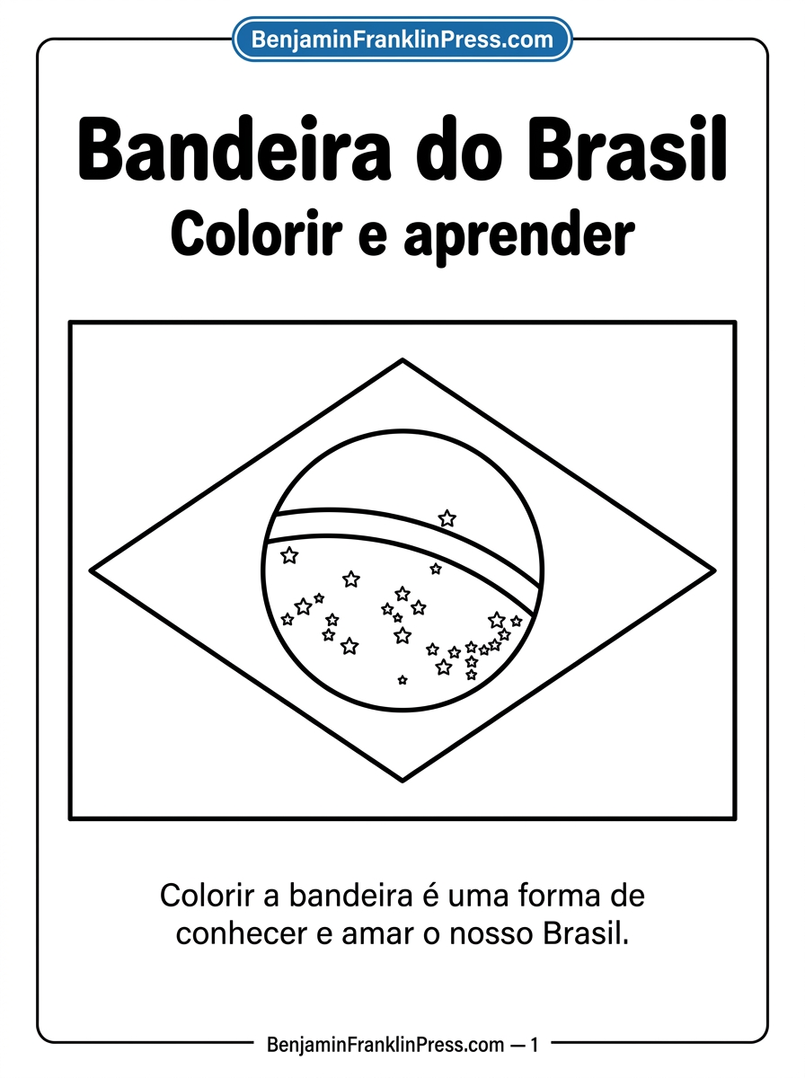 Desenho para colorir da bandeira do Brasil, com o retângulo verde, losango amarelo, círculo azul e estrelas, ideal para crianças pequenas.