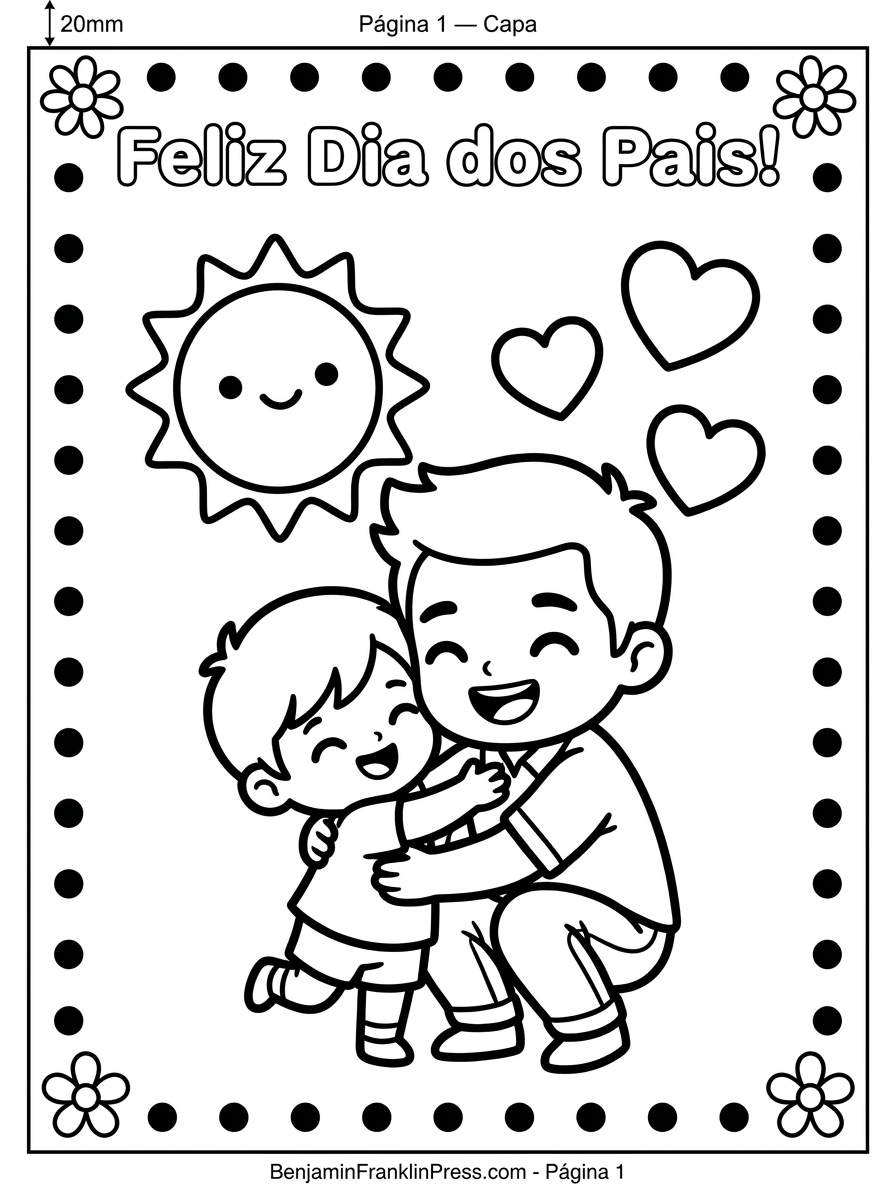 Dia dos pais desenho para colorir com pai e filho se abraçando, estilo chibi fofo, sol sorridente e corações ao fundo