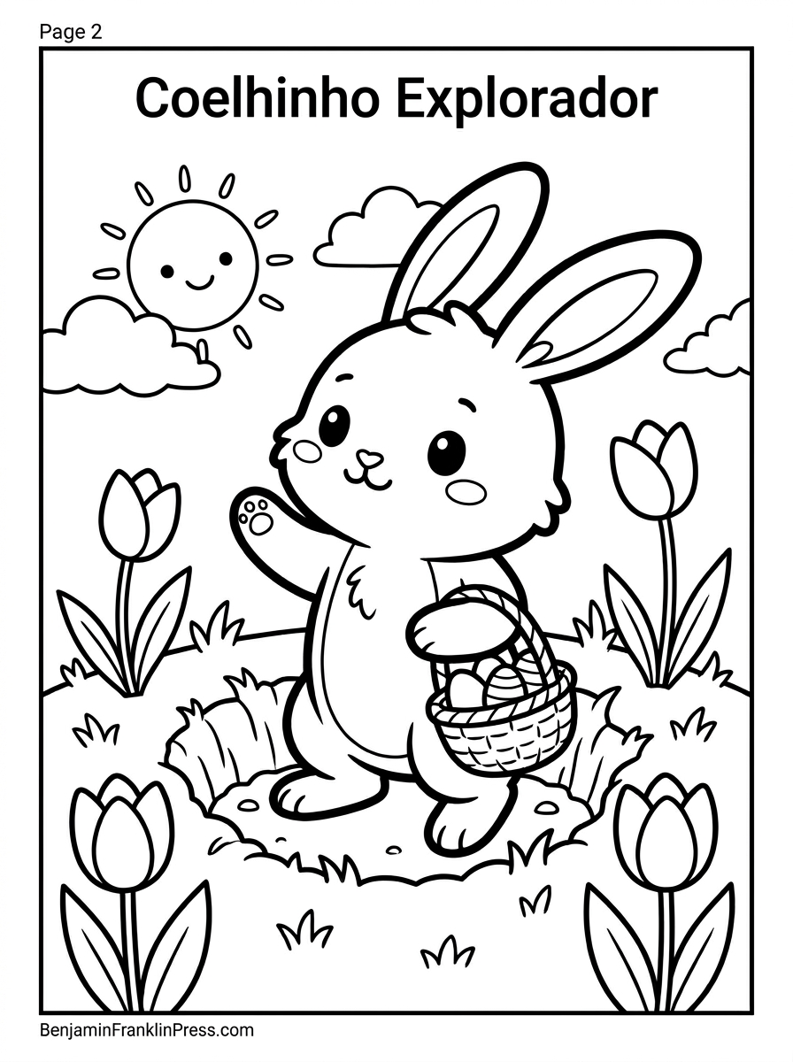 Desenho para colorir de coelhinho da páscoa saindo da toca com cestinha ao amanhecer, ilustração em preto e branco