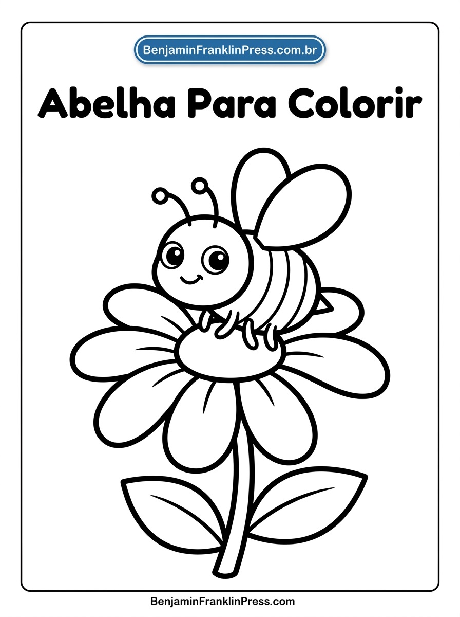 Desenho de abelha para colorir pousada em uma flor grande, ilustração simples e fofa para crianças pequenas