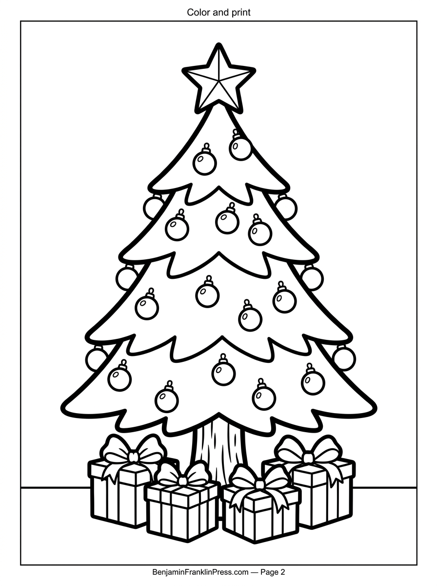 Desenho de árvore de natal clássica para colorir e imprimir, com estrela no topo, bolinhas nos galhos e presentes na base, ideal para crianças pequenas.