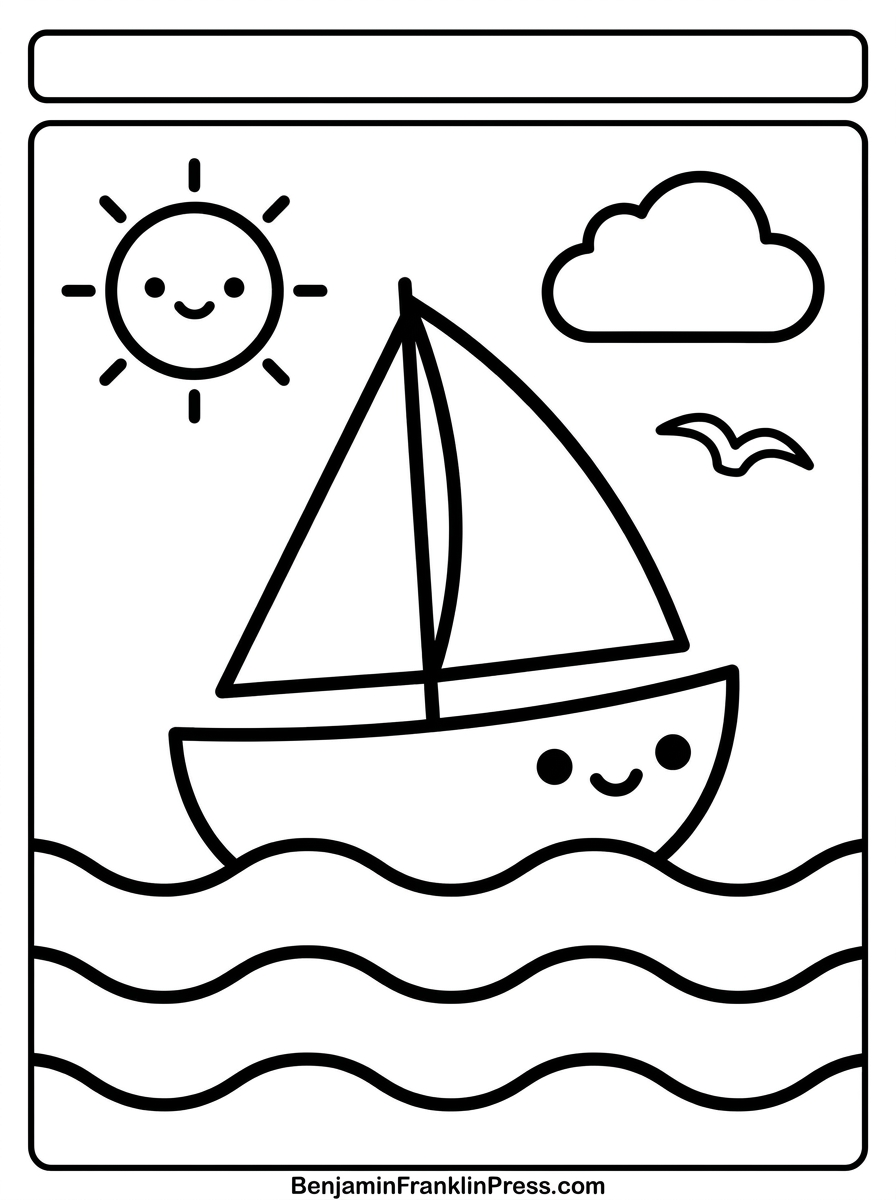 Desenho de barco para colorir infantil, veleiro fofo sorridente com sol e nuvens, página em preto e branco para imprimir