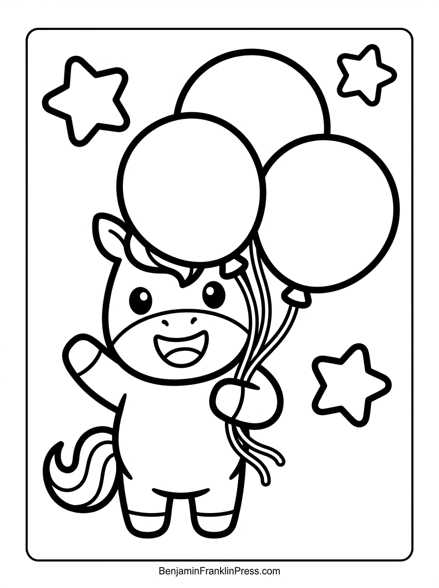Desenho de unicórnio para colorir segurando balões, ilustração infantil em preto e branco