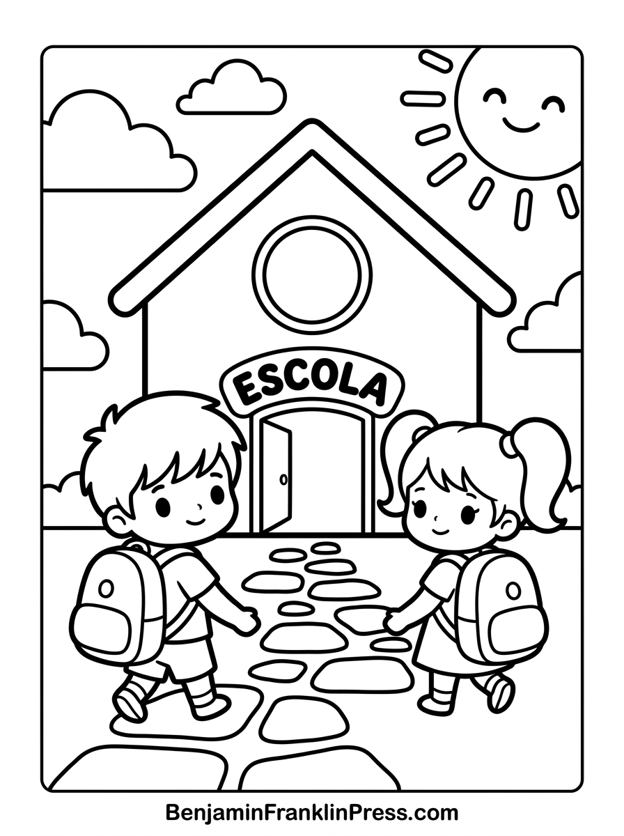 Desenho de escolas para colorir com crianças chegando na escola de mãos dadas, estilo fofo infantil
