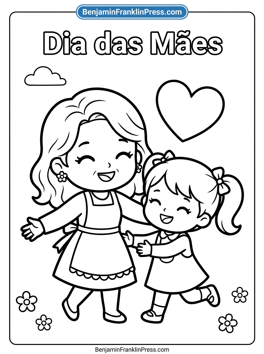 Desenho para colorir Dia das Mães mostrando mãe e filha se abraçando com um coração grande flutuando acima delas, traços grossos para crianças pequenas