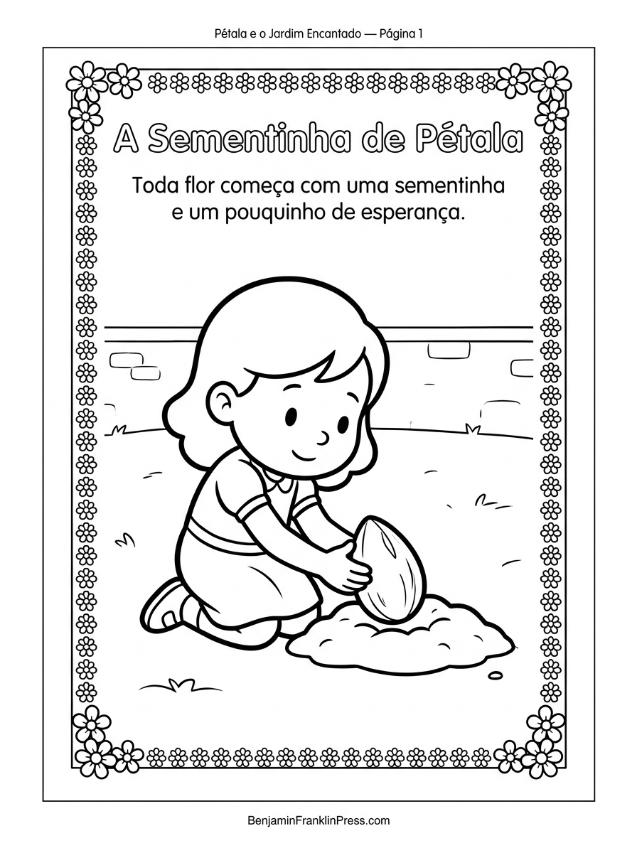 Desenho para colorir de Pétala, a fadinha do jardim, plantando uma sementinha no chão — flor para colorir e imprimir para crianças de 4 a 5 anos.