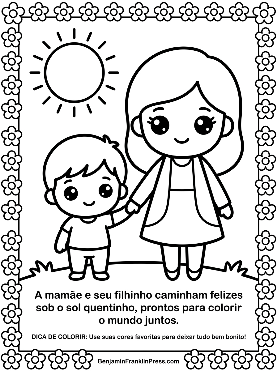 Desenho para colorir Dia das Mães educação infantil mostrando mãe e filho de mãos dadas sob o sol, com traços grossos e estilo fofo para crianças pequenas.