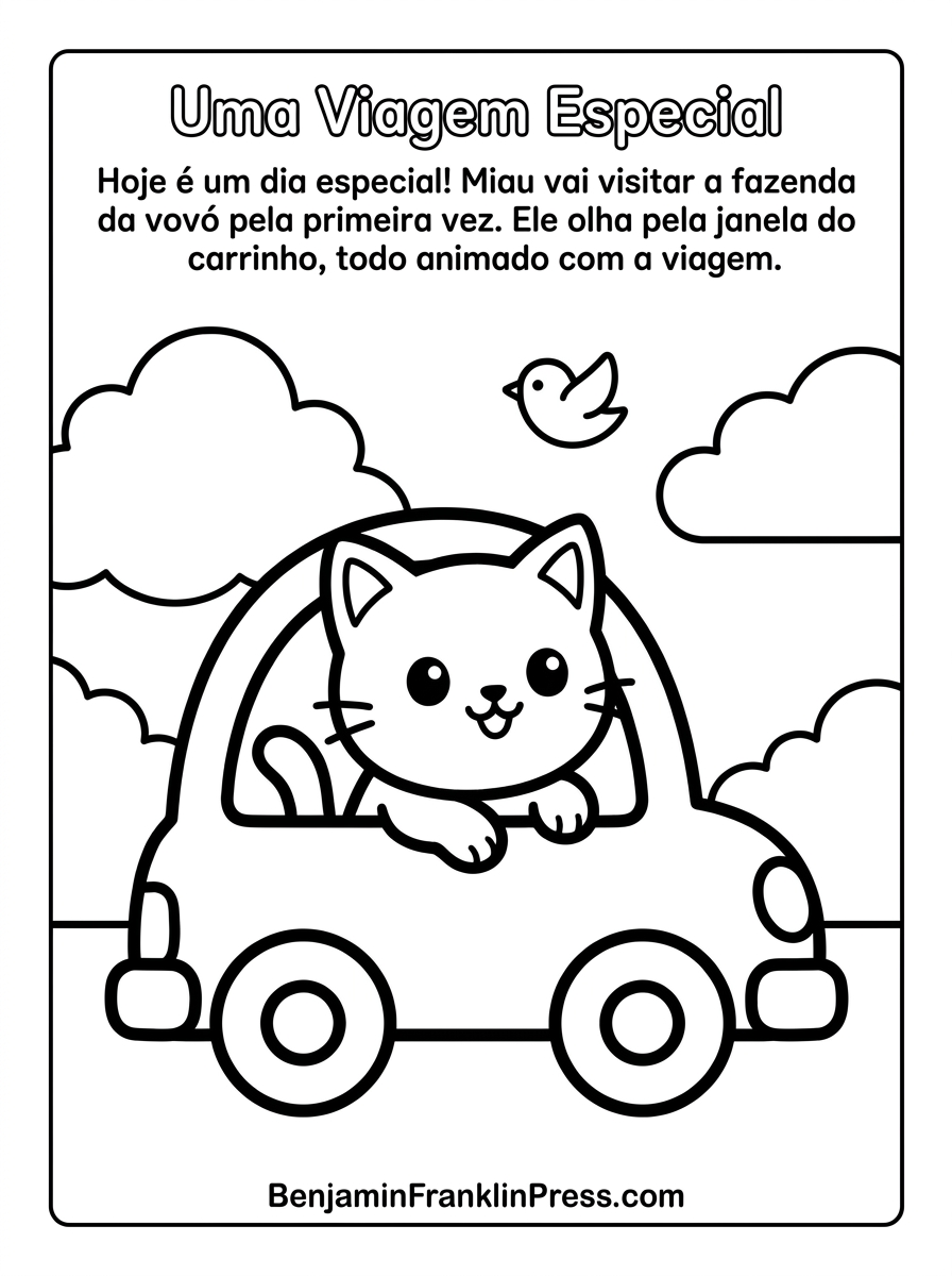 Desenho gatinho para colorir dentro de um carrinho a caminho da fazenda