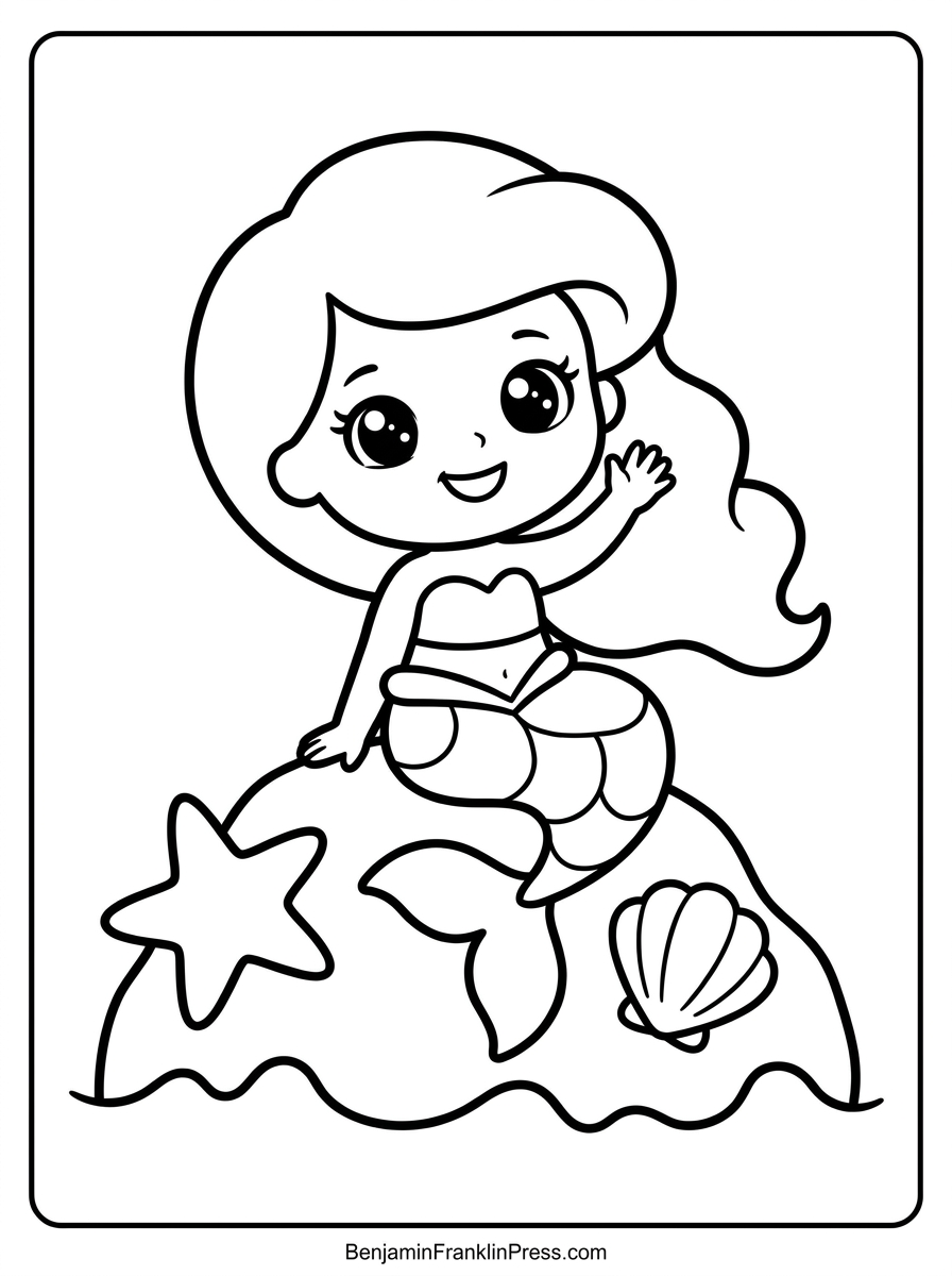 Desenho da sereia para colorir sentada em uma rocha, estilo fofo para crianças