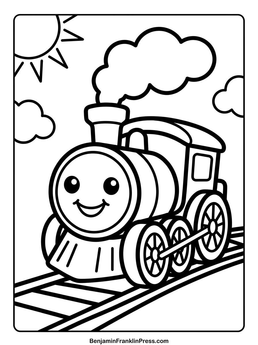 Desenho para colorir de trenzinho feliz, trem para colorir infantil fofo estilo chibi para imprimir grátis