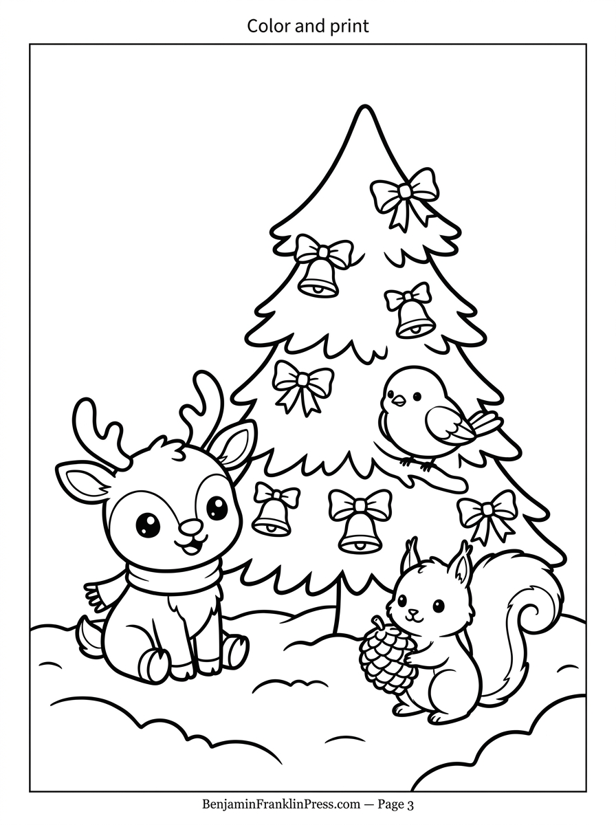 Desenho para colorir de árvore de natal com reninha, passarinho e esquilo ao redor, ideal para imprimir e divertir crianças no Natal.