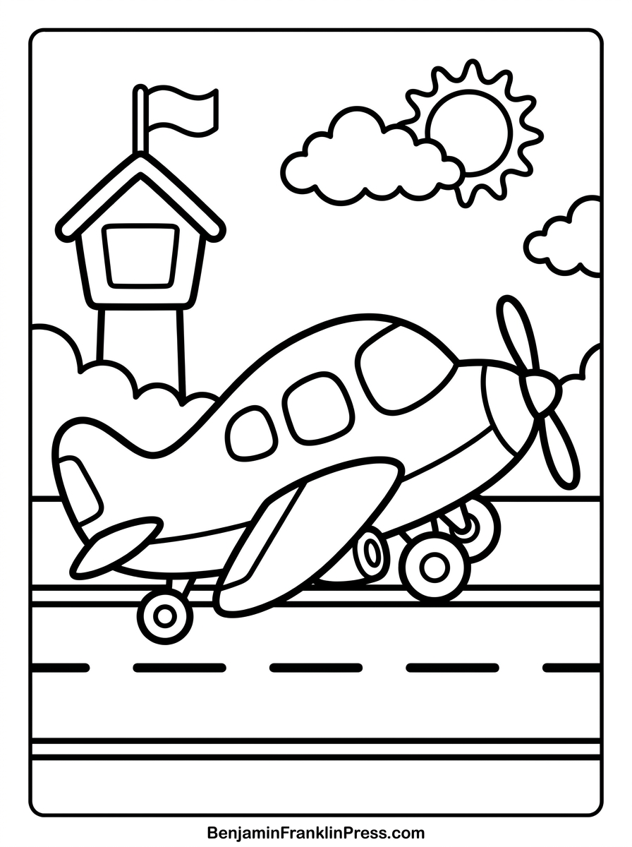 Desenho de avião para colorir decolando na pista, com torre de controle fofa ao fundo