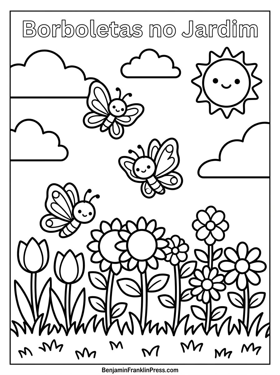  Página de borboleta para colorir com três borboletas voando sobre um jardim florido