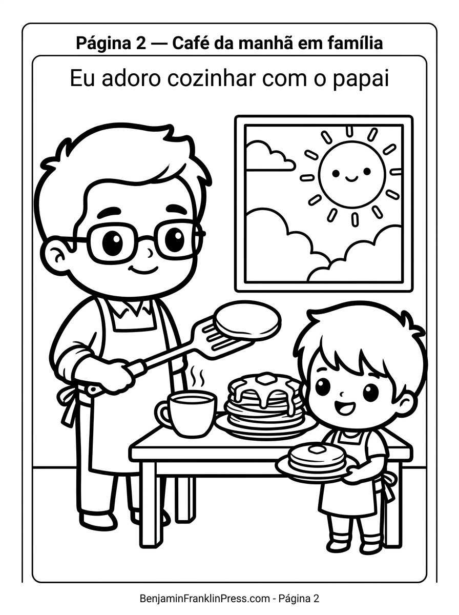 Dia dos pais desenho para colorir mostrando pai e filho preparando panquecas juntos na cozinha, estilo chibi