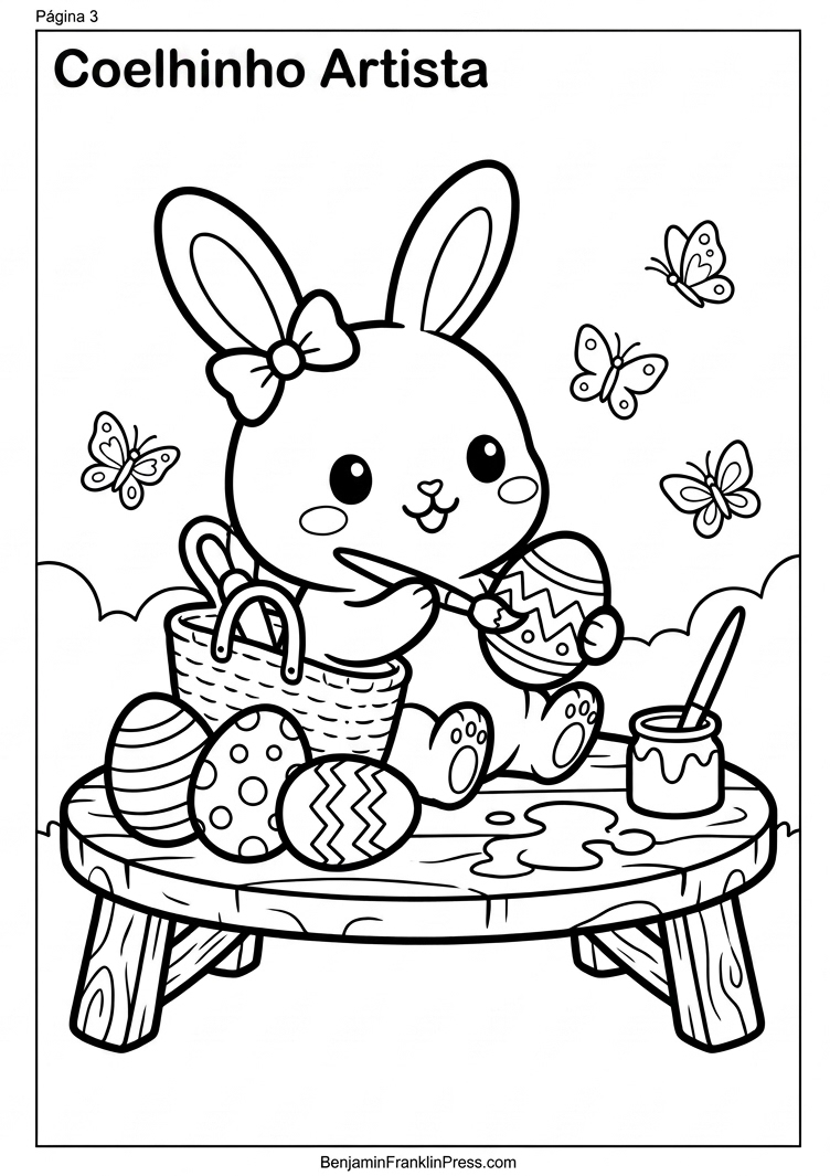 Desenho para colorir de coelhinha da páscoa pintando ovos de páscoa em mesinha de jardim