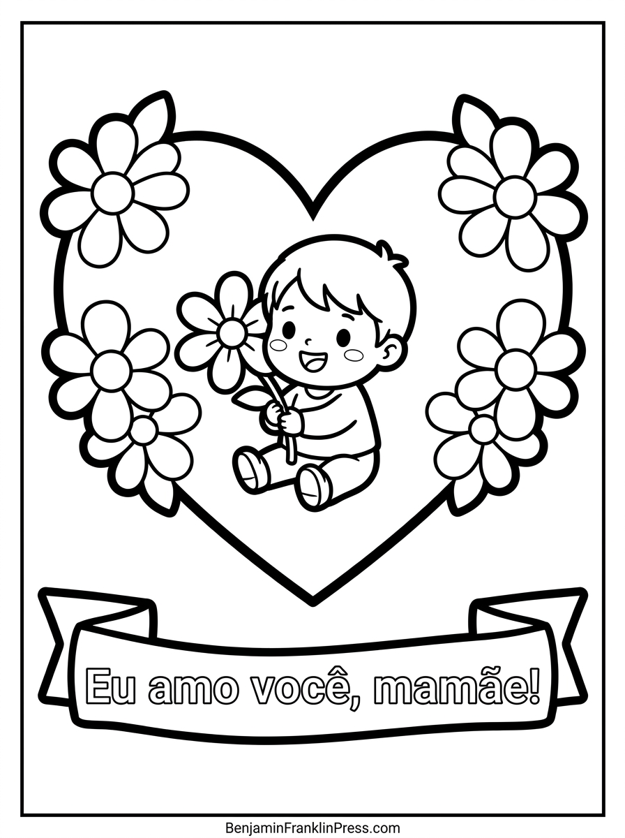 Desenho para colorir Dia das Mães educação infantil com coração emoldurado por flores e criança sentada segurando uma flor, ideal para maternal e pré-escola.
