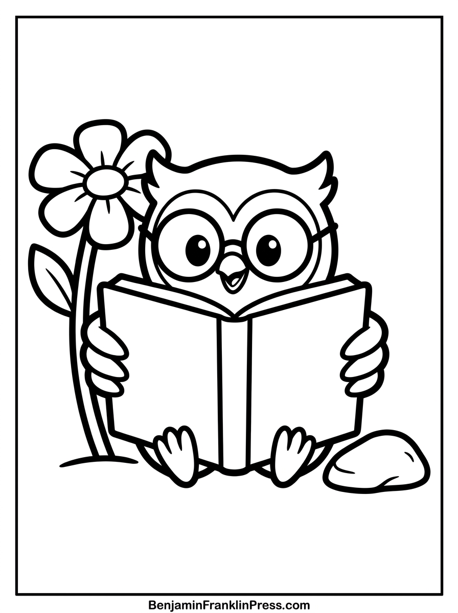 Coruja colorir para crianças - coruja de óculos lendo um livro grande, desenho para imprimir