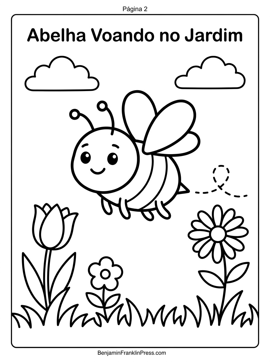 Desenho de abelha para colorir voando entre flores e nuvens em um jardim colorido