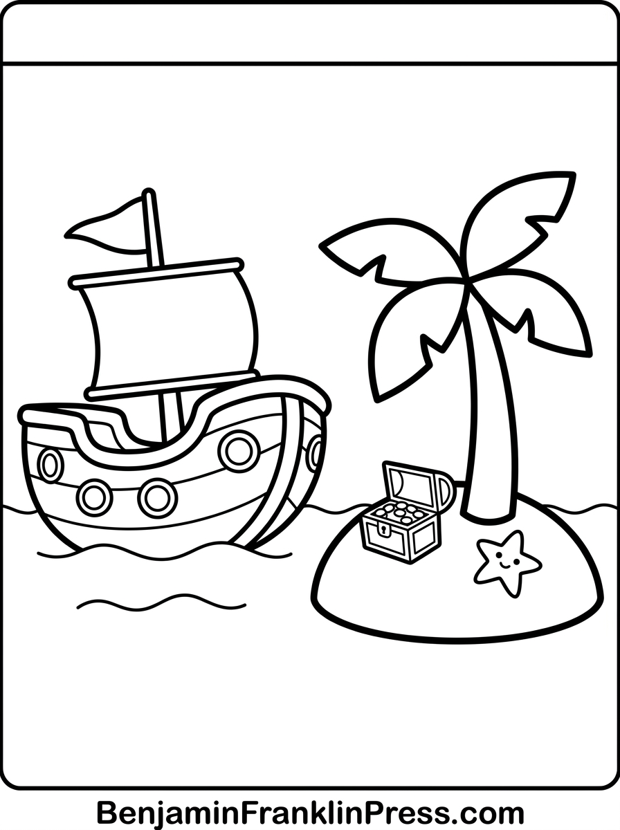Desenho de barco para colorir, navio pirata fofo e amigável com bandeira e ilha do tesouro, página para imprimir em preto e branco