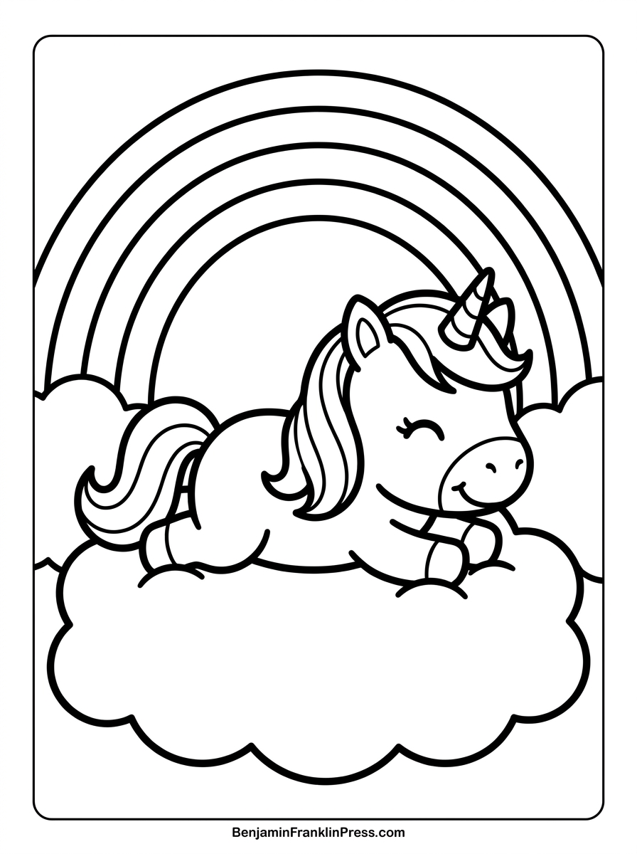 Desenho de unicórnio para colorir deitado em uma nuvem com arco-íris, ilustração infantil em preto e branco