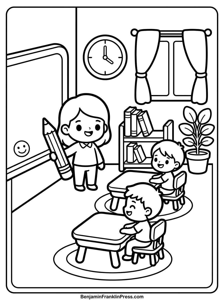 Desenho de escolas para colorir mostrando sala de aula com professora e alunos sorrindo