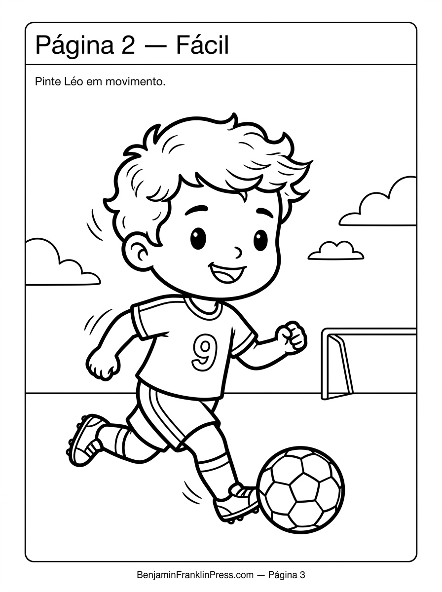 Desenho de um jogador de futebol correndo com a bola em direção ao gol, para colorir com crianças de 4 a 5 anos.