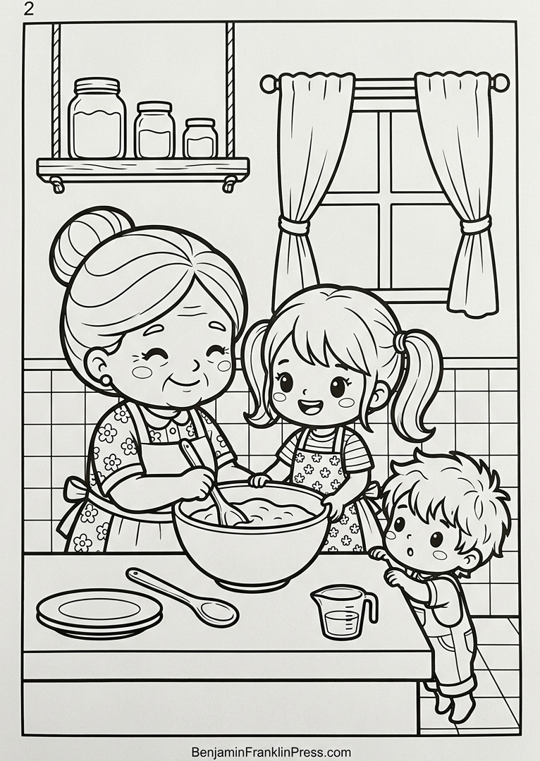 Desenho para colorir Dia das Mães com mãe e filha preparando um bolo juntas na cozinha, enquanto o irmão mais novo observa por cima do balcão
