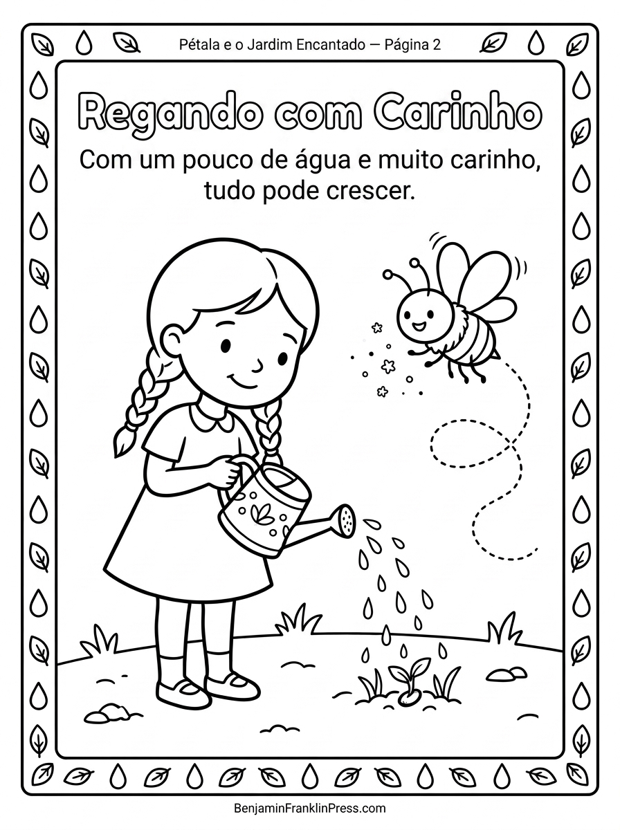 Desenho para colorir de Pétala regando o jardim com um regador, ao lado da abelhinha Zum — flor para colorir e imprimir para crianças de 5 a 6 anos.