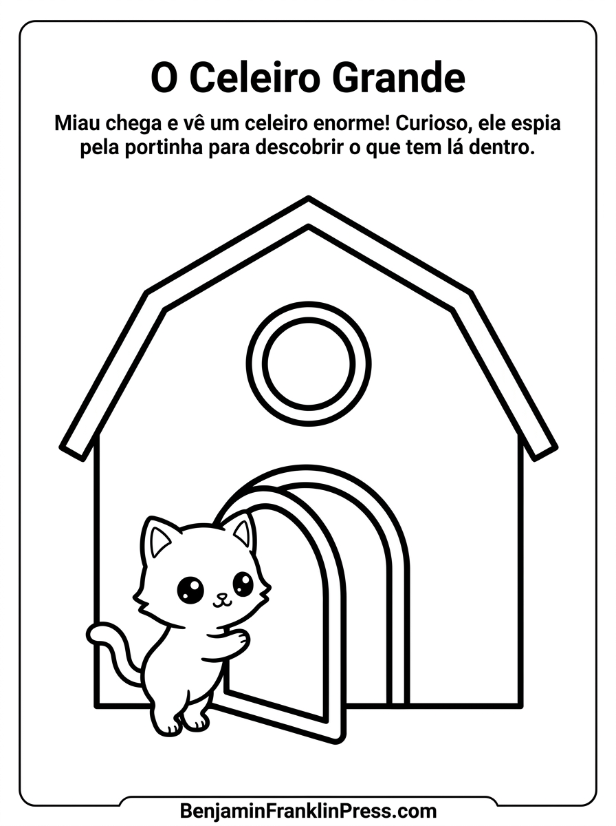 Desenho gatinho para colorir espiando a porta de um celeiro na fazenda