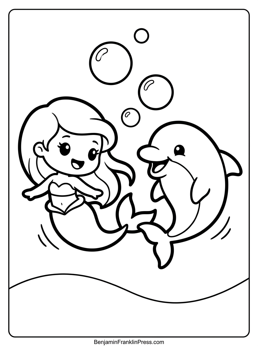 Desenho da sereia para colorir nadando ao lado de um golfinho fofo