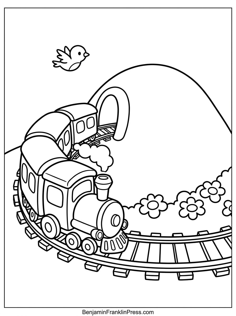 Trem para colorir atravessando montanha e túnel, desenho infantil fofo para imprimir e pintar
