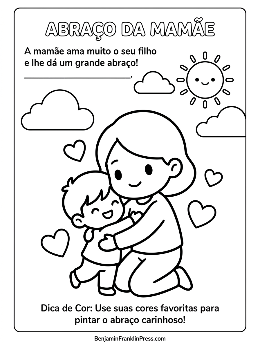 Desenho para colorir Dia das Mães educação infantil com mãe abraçando filho, sol e nuvens ao fundo, traços grossos e simples para crianças pequenas.