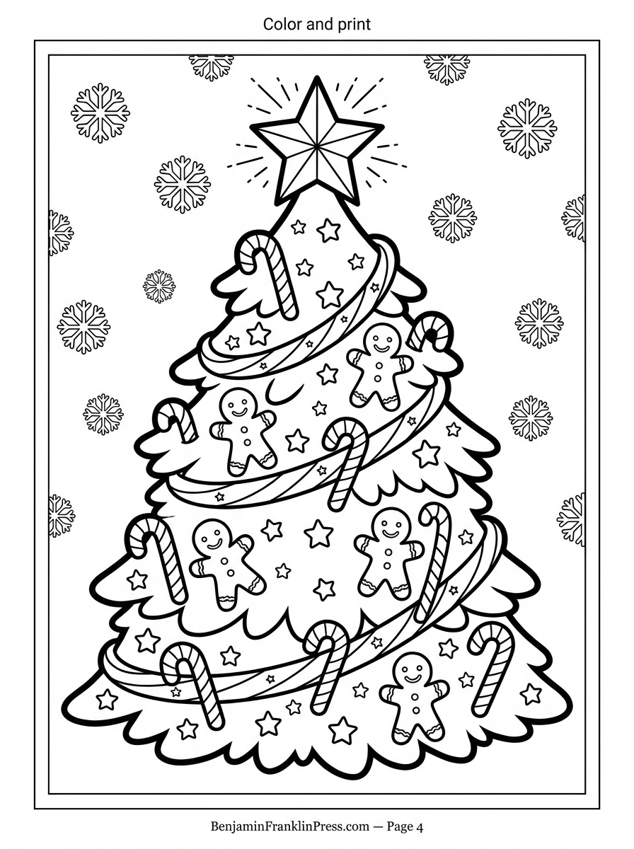 Desenho de árvore de natal decorada com bengalinhas, guirlanda e bonecos de gengibre para colorir e imprimir, com nível de dificuldade médio.