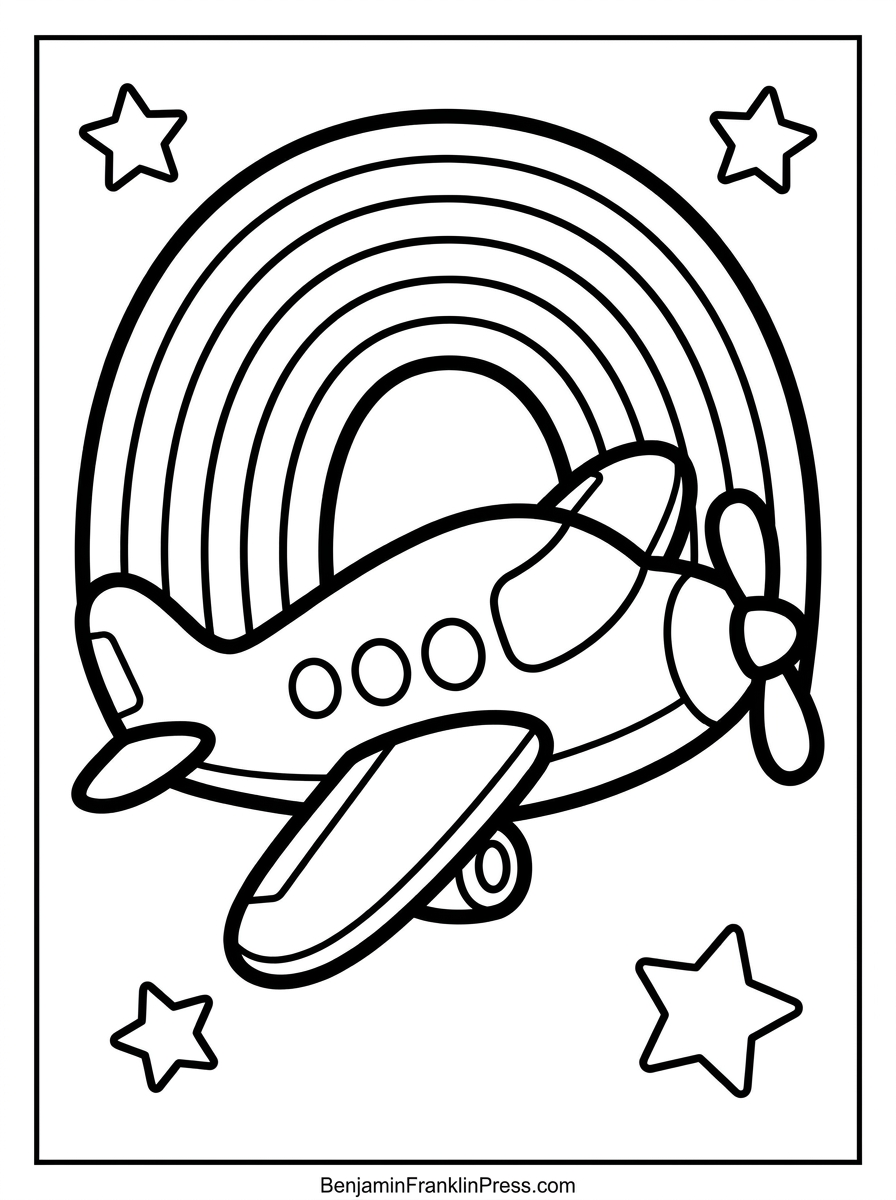 Desenho de avião para colorir voando sobre um arco-íris colorido com estrelinhas no céu