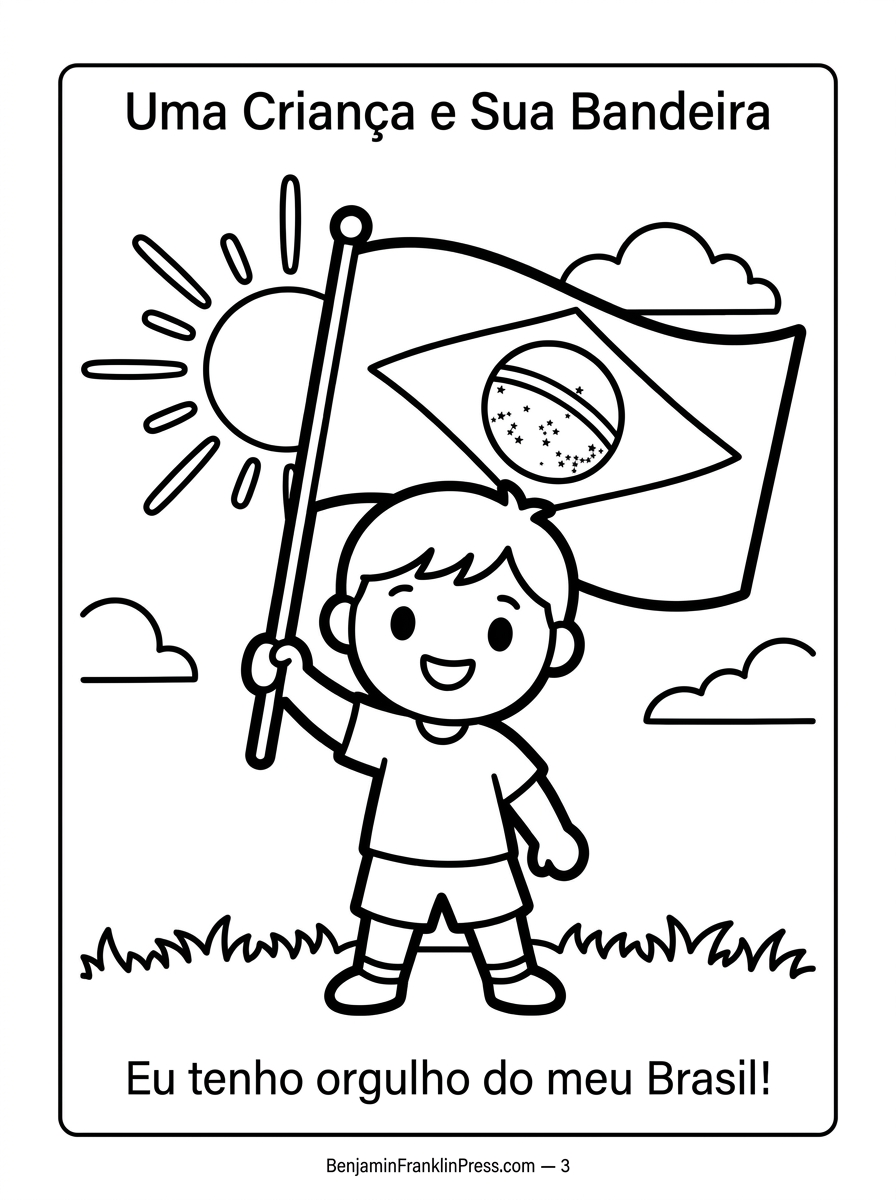 Criança sorridente segurando uma bandeira do Brasil em um mastro, desenho para colorir com sol e nuvens ao fundo.