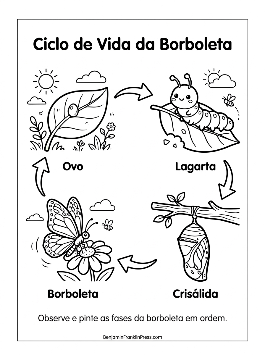 Desenho educativo de borboleta para colorir mostrando o ciclo de vida, do ovo à fase adulta