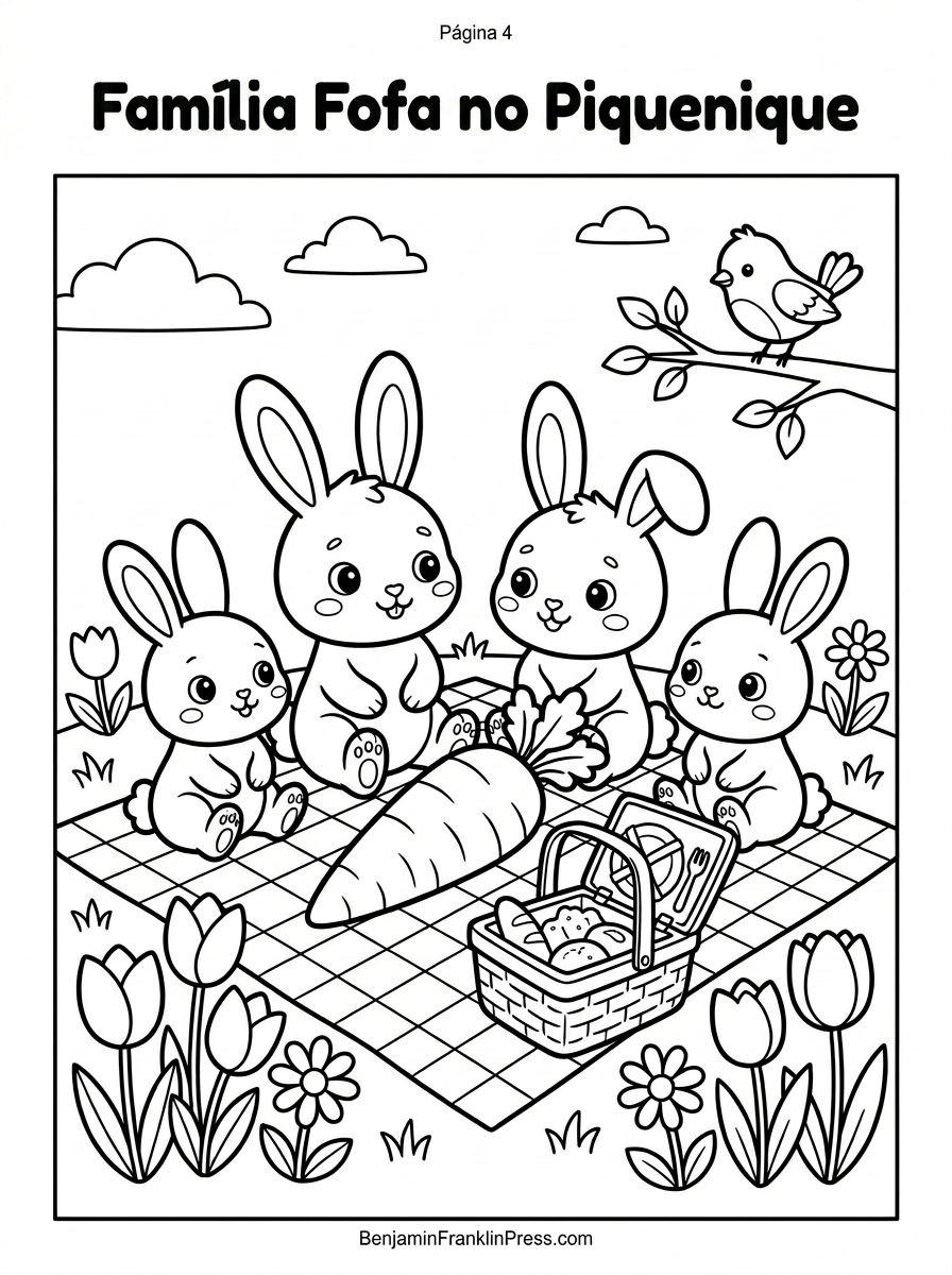 Desenho para colorir de família de coelhinhos em piquenique de páscoa com cenoura gigante e cesta