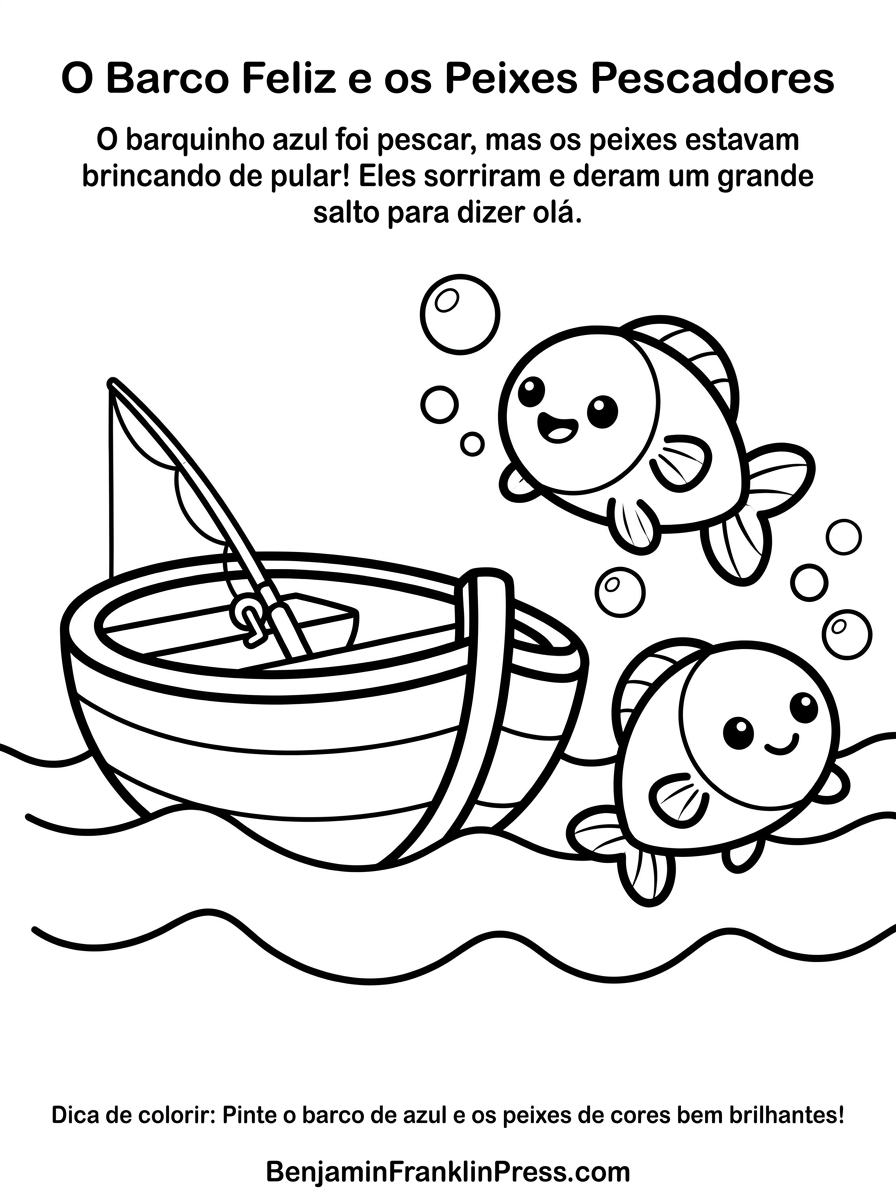 Desenho de barco para colorir com barquinho a remo e peixinhos fofos saltando na água, ilustração infantil em preto e branco