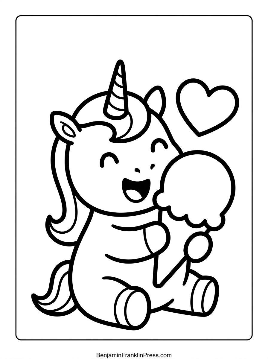 Desenho de unicórnio para colorir comendo sorvete, ilustração infantil em preto e branco