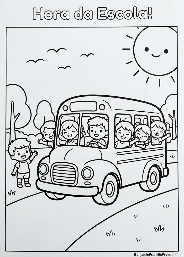 Desenho de escolas para colorir com ônibus escolar fofo e crianças acenando pela janela