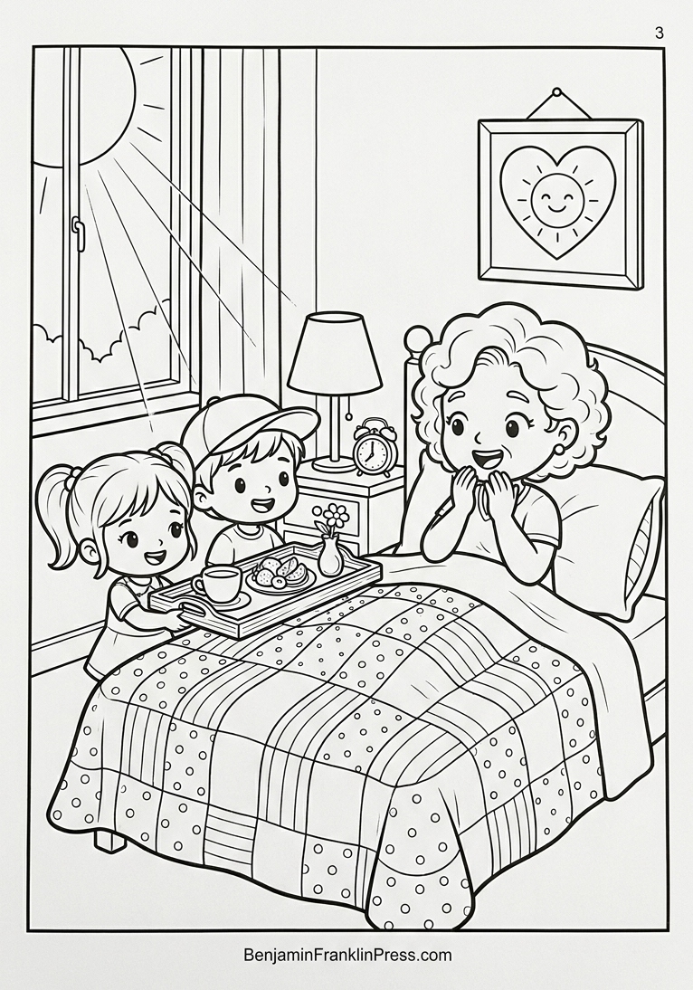 Desenho para colorir Dia das Mães retratando mãe surpresa na cama recebendo café da manhã servido pelos filhos, com flor em vasinho e raios de sol pela janela
