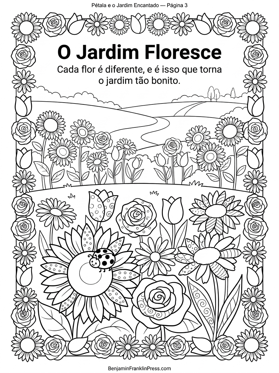 Desenho para colorir de jardim florido com girassol, rosa, margarida e tulipa, e a joaninha Bolinha sobre uma pétala — flor para colorir e imprimir para crianças de 6 a 7 anos.